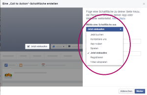 Screenshot Facebook-Seite Drop-down-Menü Text für Call-to-Action Button
