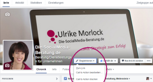 Screenshot Facebook Seite Ulrike Morlock mit Bearbeitungsoptionen des erstellten Call-to-Action Button